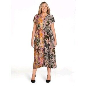 Batik Patchwork Midi Dress Sz 2X Boho Hippie Artsy Tiered Pockets Ruffle Flowy